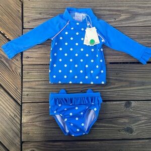 BABY BODEN novelty cat blue white polka 2 piece swim, 3-6 month, NWT